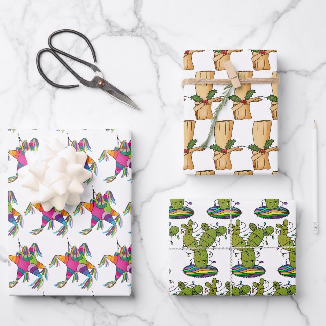 Feuille De Papier Cadeau Feliz Navidad Cactus, Tamale et Piñata (Recto)