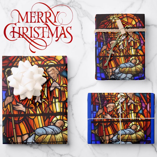 Feuille De Papier Cadeau Fenêtre en verre tendu Nativité Bébé Jésus Noël (Créateur téléchargé)