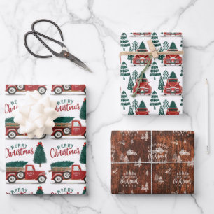 Feuille De Papier Cadeau Ferme Arbre de Noël Vintage Camion de ramassage ro