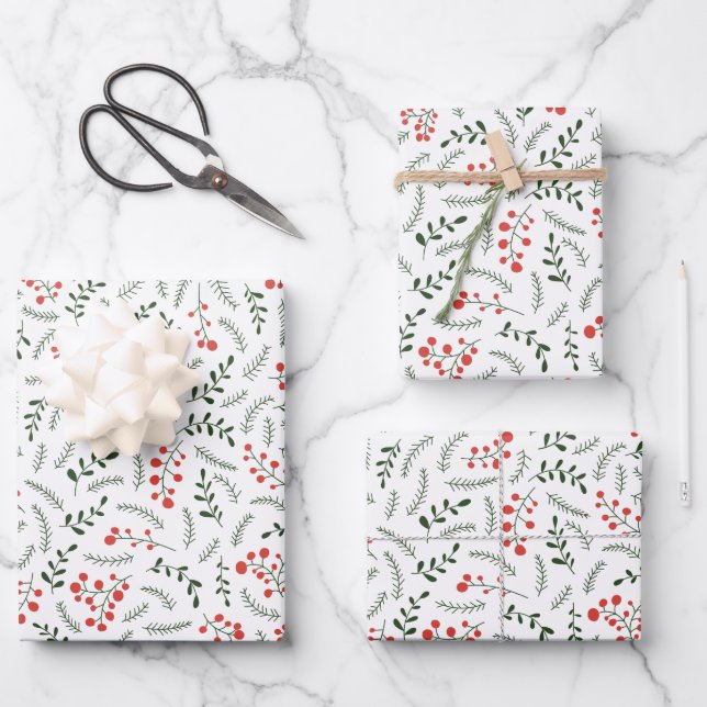 Feuille De Papier Cadeau Ferme campagne rouge blanc vert feuillage motif (Recto)