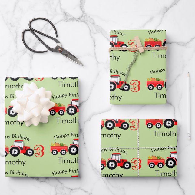 Feuille De Papier Cadeau Ferme de camions Red Tractor Nom et âge (Recto)