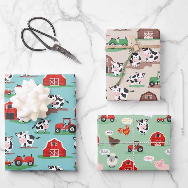 Feuille De Papier Cadeau Ferme de vache rustique Motifs d'anniversaire (Recto)