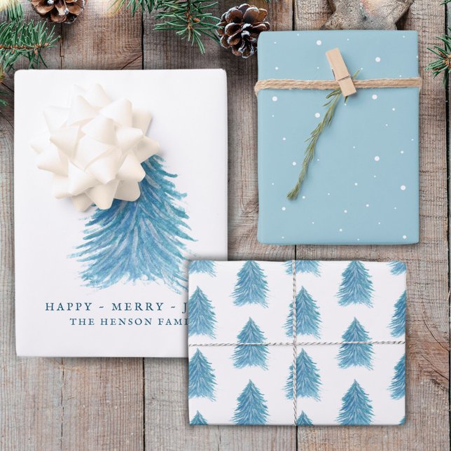 Feuille De Papier Cadeau Festif Bleu Arbre de Noël Aquarelle Vacances (Créateur téléchargé)