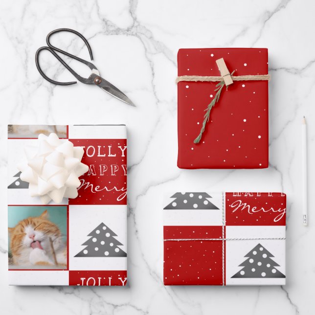 Feuille De Papier Cadeau Festif Chat Rouge Photo Arbre de Noël (Recto)