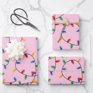 Feuille De Papier Cadeau Festif coloré lumières de Noël Motif rose