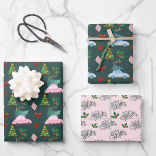 Feuille De Papier Cadeau Festif Falala sapin de Noël Vintage rose rétro