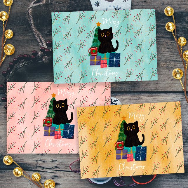 Feuille De Papier Cadeau Festif Joyeux Noël mignon Cat noir café Art (3 Paper Sheets)