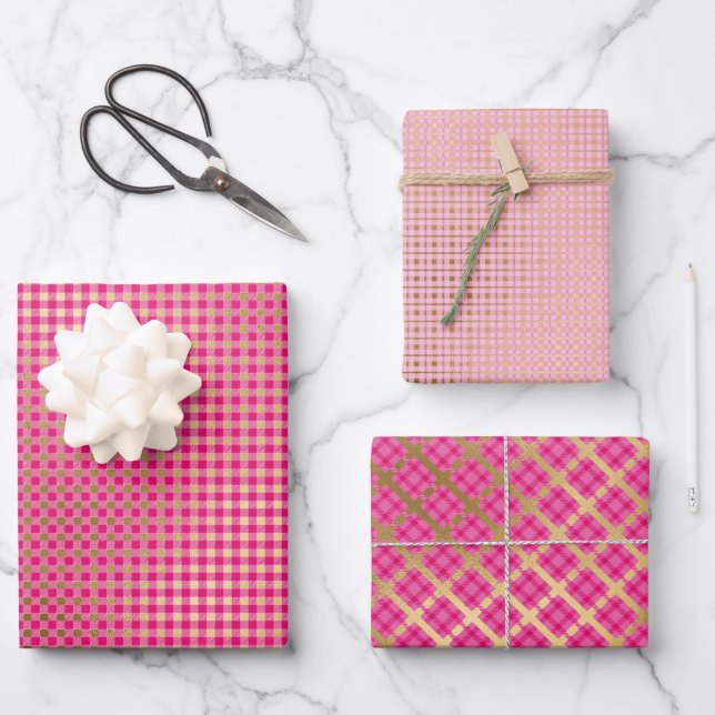 Feuille De Papier Cadeau Festif moderne Pink Gold Plaid (Recto)