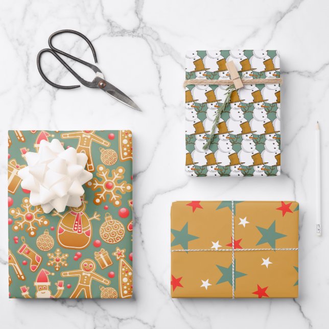 Feuille De Papier Cadeau Festif pain d'épices, Snowman & Stars Noël (Recto)