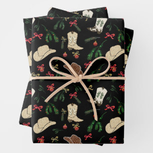 Feuille De Papier Cadeau Festif vacances Cowboy Rodeo Motif Noir