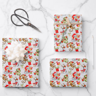 Feuille De Papier Cadeau Festivale carrelée Jungle animaux fête Noël