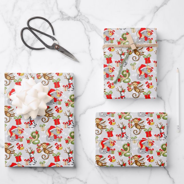 Feuille De Papier Cadeau Festivale carrelée Jungle animaux fête Noël (Recto)