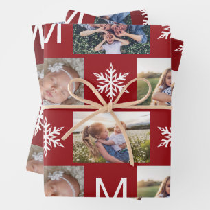 Feuille De Papier Cadeau Festive Berry Snowflakes Monogramme Photo Collage