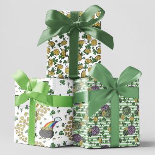 Feuille De Papier Cadeau Festive Green Irlandais Shamrocks, Or, & Flowers