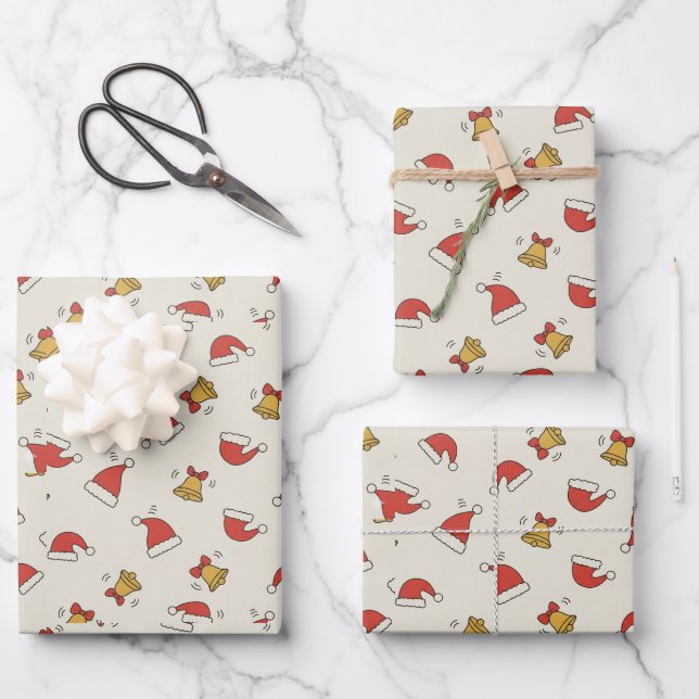 Feuille De Papier Cadeau Festive Santa Hat & Jingle Bell Pattern (Recto)