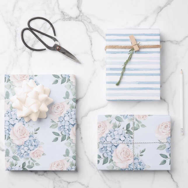 Feuille De Papier Cadeau Fête de mariage Fleurs roses bleues romantiques (Recto)