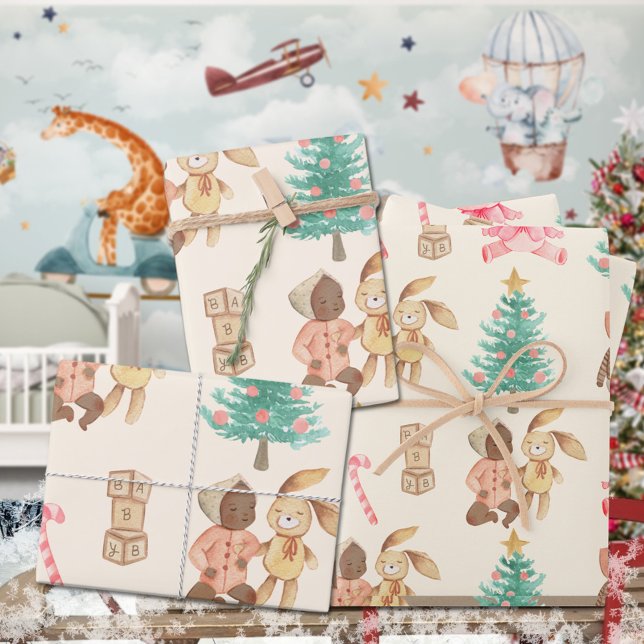 Feuille De Papier Cadeau Fête de Noël de la fille noire (Black Baby Girl's First Christmas Holiday Gift Wrapping Paper Sheets Trio)