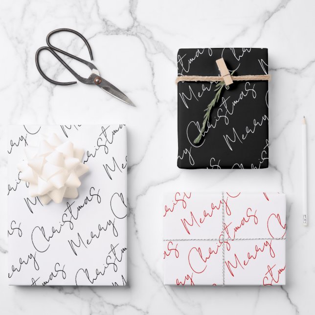 Feuille De Papier Cadeau Fête de Noël noir, blanc, rouge (Recto)