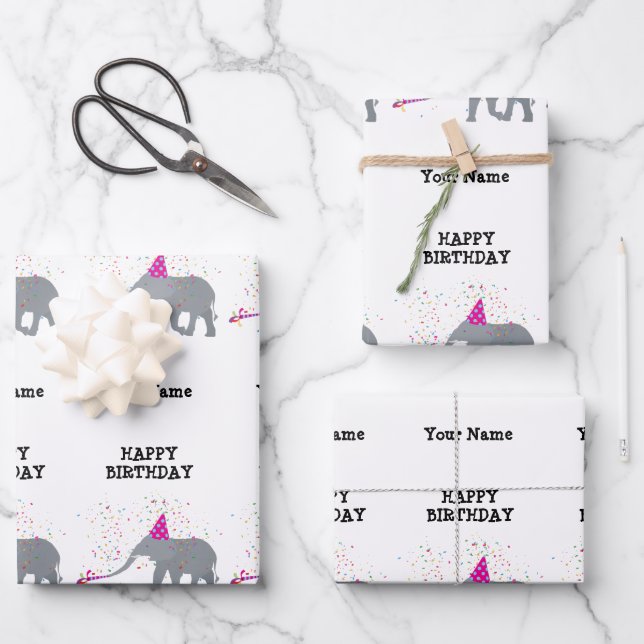 Feuille De Papier Cadeau Fête des éléphants - Animaux à l'anniversaire Nom  (Recto)
