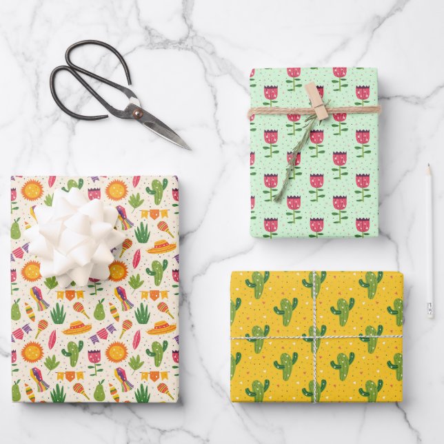 Feuille De Papier Cadeau Fête Florale mexicaine Maracas Cactus (Recto)