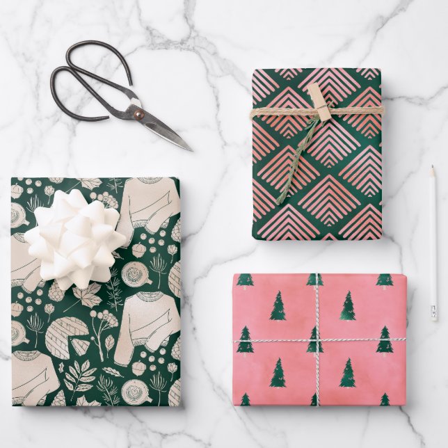 Feuille De Papier Cadeau Fêtes Chic Rose et Vert foncé (Recto)
