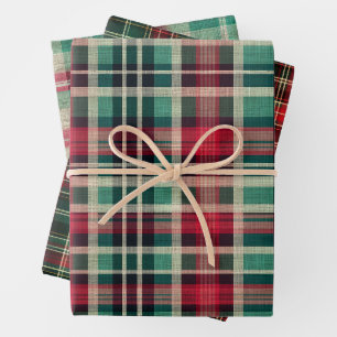 Feuille De Papier Cadeau Fêtes Crème Rouge Vert Trappe Plaid