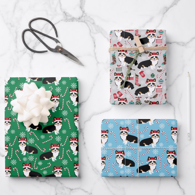 Feuille De Papier Cadeau Fêtes de Noël de Tri Corgi (Recto)