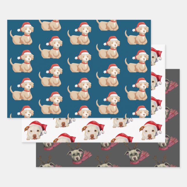 Feuille De Papier Cadeau Fêtes Motifs des chiens de Noël (Lot)