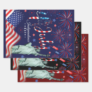Feuille De Papier Cadeau Feu D'Oeuvre Le 4 Juillet Avec La Statue De Libert