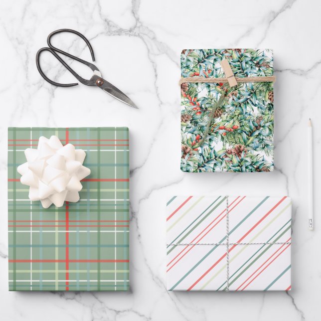 Feuille De Papier Cadeau Feuillage de Noël, rayures et plaid (Recto)