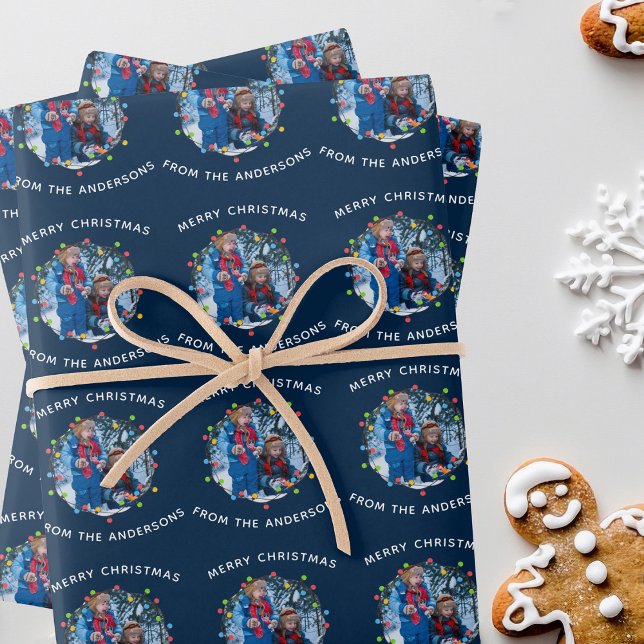 Feuille De Papier Cadeau Feux de Noël Famille Photo Bleue Personnalisé (Créateur téléchargé)