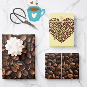 Feuille De Papier Cadeau Fèves de café Brown riches + Motif de coeur