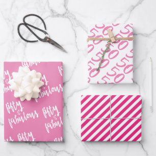 Feuille De Papier Cadeau Fifty & Fabulous - Fun Hot Pink 50e anniversaire