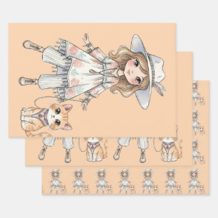 Feuille De Papier Cadeau Fille à la mode se promenant avec son chat