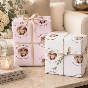 Feuille De Papier Cadeau Fille d'anniversaire photo rose blanche
