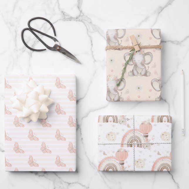Feuille De Papier Cadeau Fille Eléphante Baby shower draps (Recto)