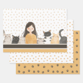Feuille De Papier Cadeau Fille mignonne avec chats Couleurs Terre Motif mâl