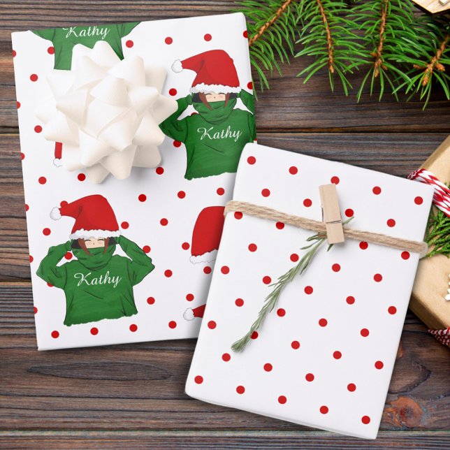 Feuille De Papier Cadeau Fille mignonne avec Hoody Verte Santa Hat Noël (Créateur téléchargé)