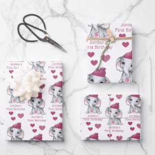 Feuille De Papier Cadeau Fille mignonne Premier anniversaire Eléphant rose