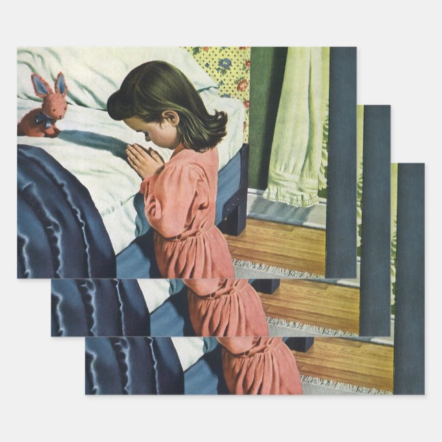 Feuille De Papier Cadeau Fille priant au coucher, la prière du Seigneur (Lot)