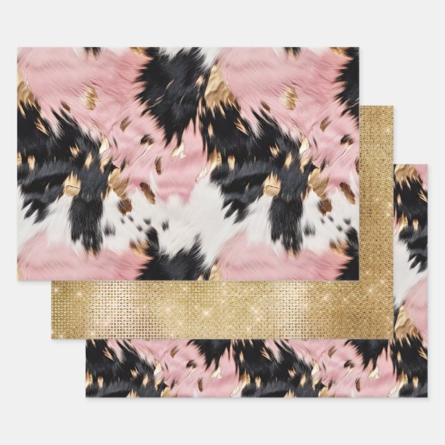 Feuille De Papier Cadeau Fille Rose Black Gold Cowgirl Cowhide (Lot)
