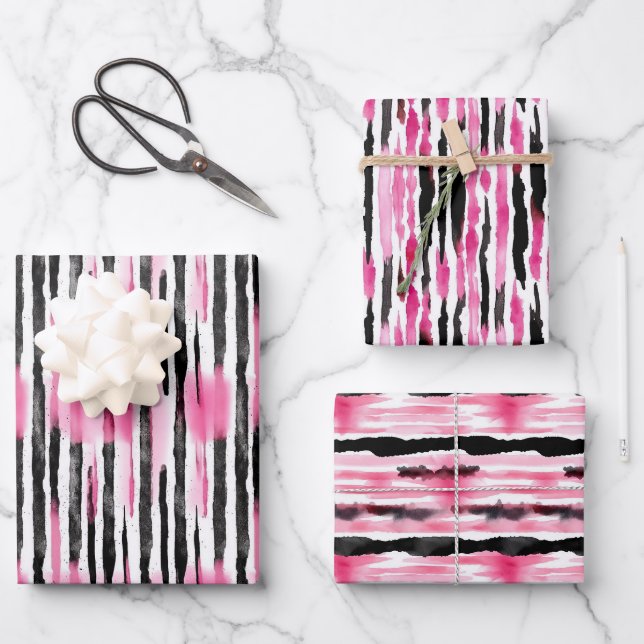Feuille De Papier Cadeau Fille rose blanc noir Zèbre rayures (Recto)