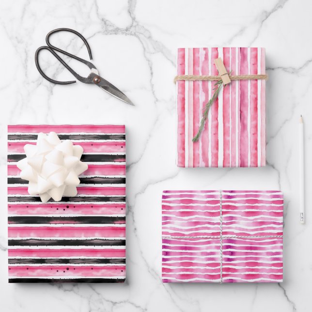 Feuille De Papier Cadeau Fille rose blanc rayures noires (Recto)
