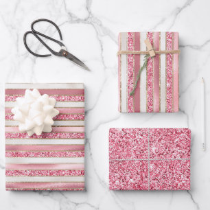Feuille De Papier Cadeau Fille rose perle Parties scintillant rayures