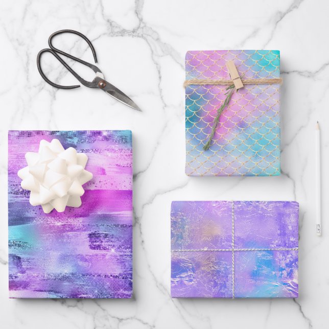 Feuille De Papier Cadeau Fille Rose Violet Aqua Glitzy Sirène Stripes (Recto)