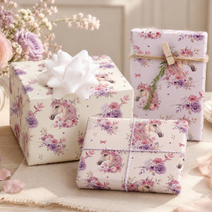 Feuille De Papier Cadeau Fille Rose Violet Poney Floral Pastel