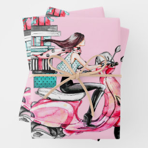 Feuille De Papier Cadeau Fille sur scooter transportant Présents