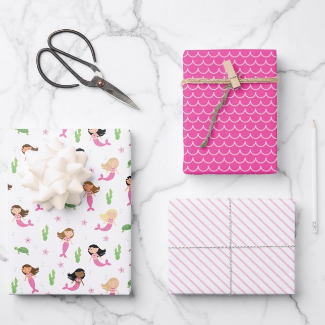 Feuille De Papier Cadeau Filles de sirènes à l'anniversaire rose (Recto)