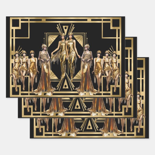 Feuille De Papier Cadeau Filles Gatsby à la mode, thème or et noir pour l'é (Lot)