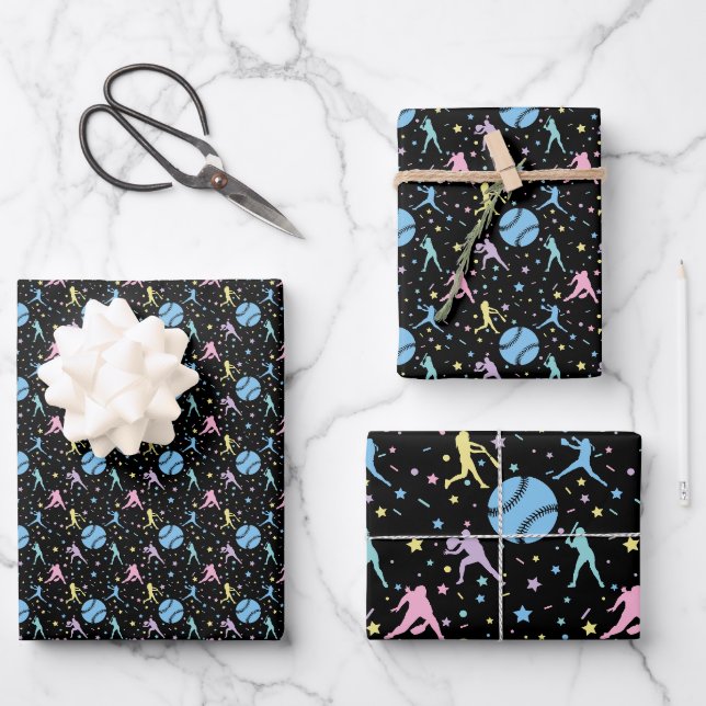 Feuille De Papier Cadeau Filles Softball - Joueuses avec étoiles (Recto)